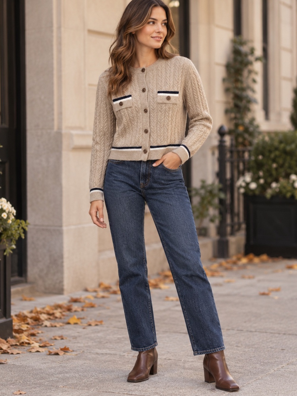 Joe Fresh Size XS (est.) Oatmeal Cable Knit Cropped Cardigan Varsity Trim